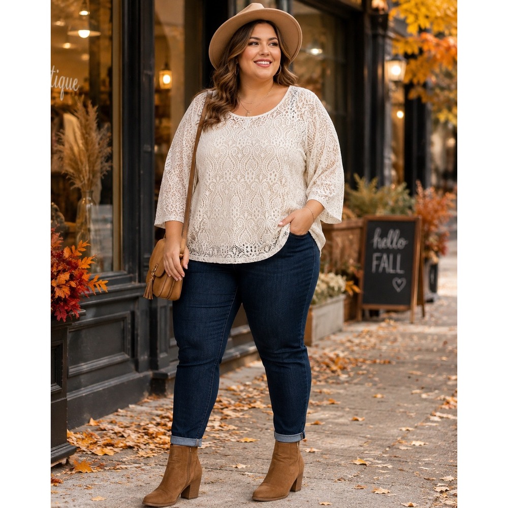 Women's 1X Ivory Lace Blouse Plus Size Romantic Boho 3/4 Sleeve Lined Stretch